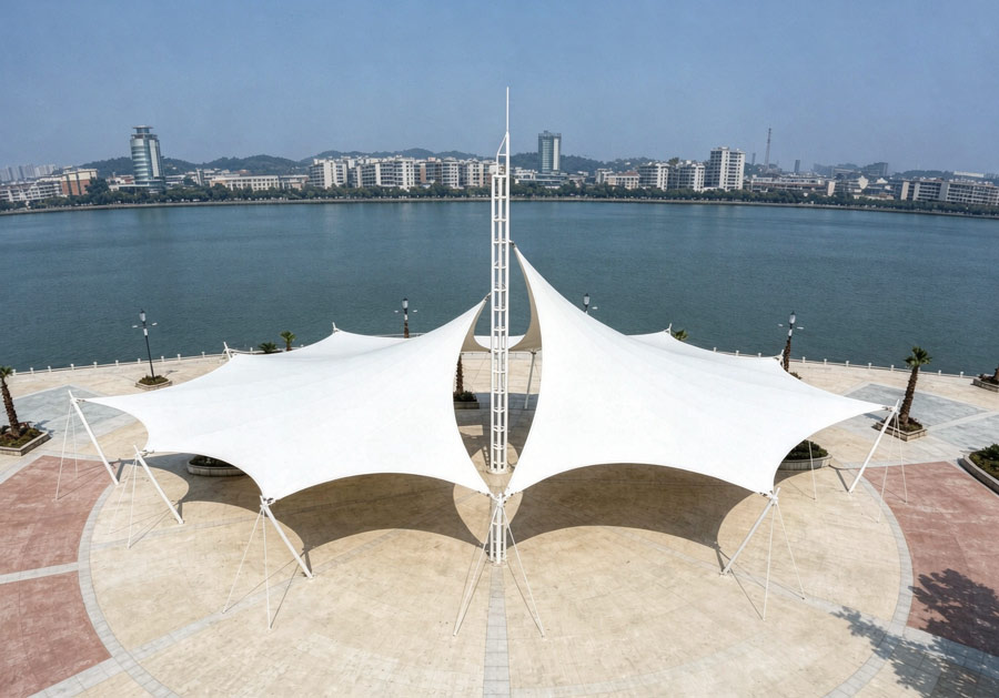 Tensile membrane landscape sunshade canopy, outdoor plaza park membrane structure shelter