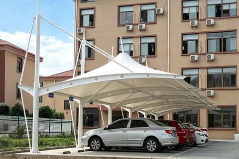 Cap top tensile membrane carport canopy, Q235 steel frame PVDF membrane parking shade, custom size