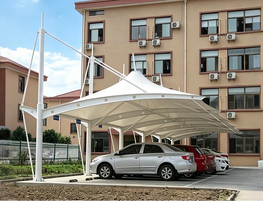 Cap top tensile membrane carport canopy, Q235 steel frame PVDF membrane parking shade, custom size