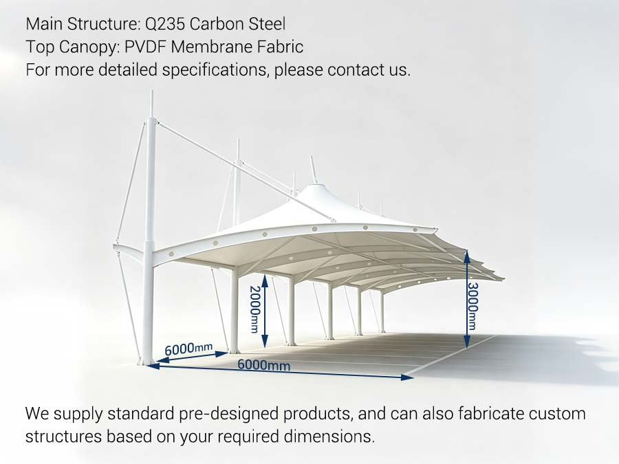 Cap top tensile membrane carport canopy, Q235 steel frame PVDF membrane parking shade, custom size
