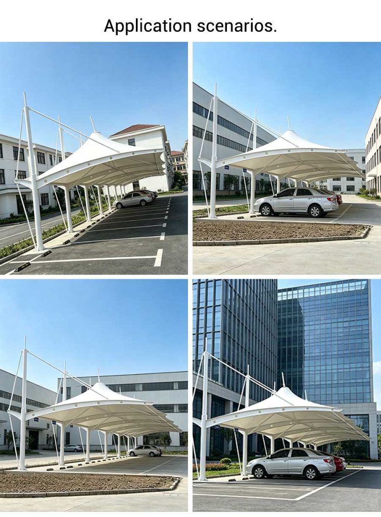 Cap top tensile membrane carport canopy, Q235 steel frame PVDF membrane parking shade, custom size