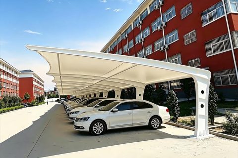 Single side cantilever tensile membrane carport, white PVDF membrane parking canopy with Q235 steel frame, product drawing and real project application cases, KaiFort membrane structure