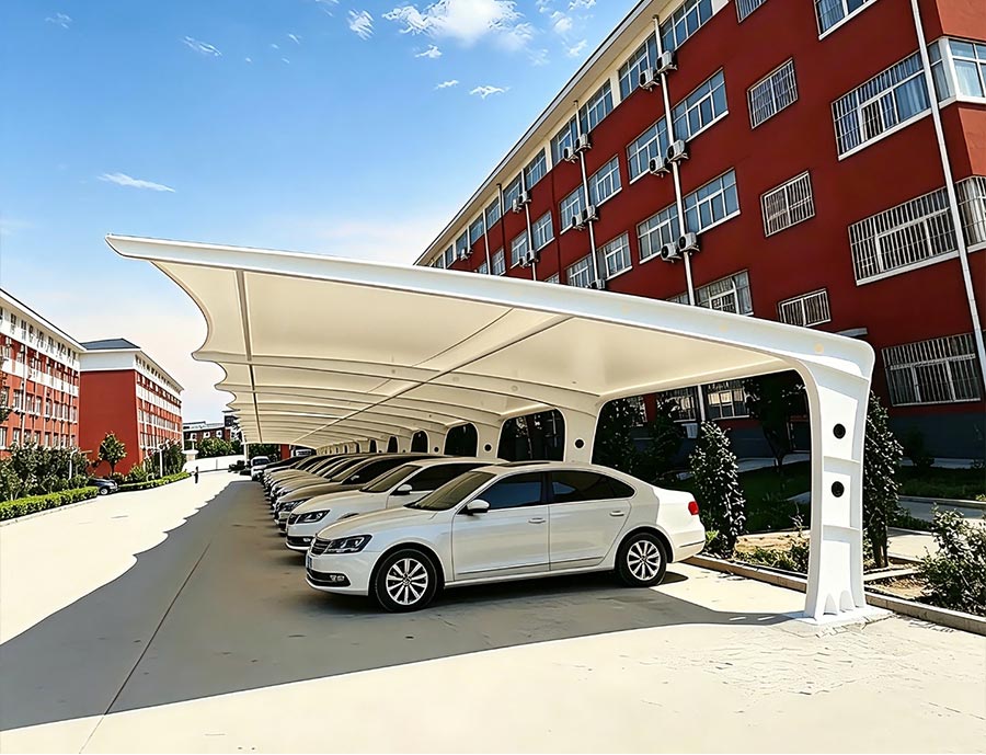 Single side cantilever tensile membrane carport, white PVDF membrane parking canopy with Q235 steel frame, product drawing and real project application cases, KaiFort membrane structure
