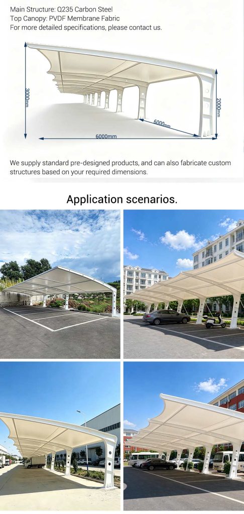 Single side cantilever tensile membrane carport, white PVDF membrane parking canopy with Q235 steel frame, product drawing and real project application cases, KaiFort membrane structure