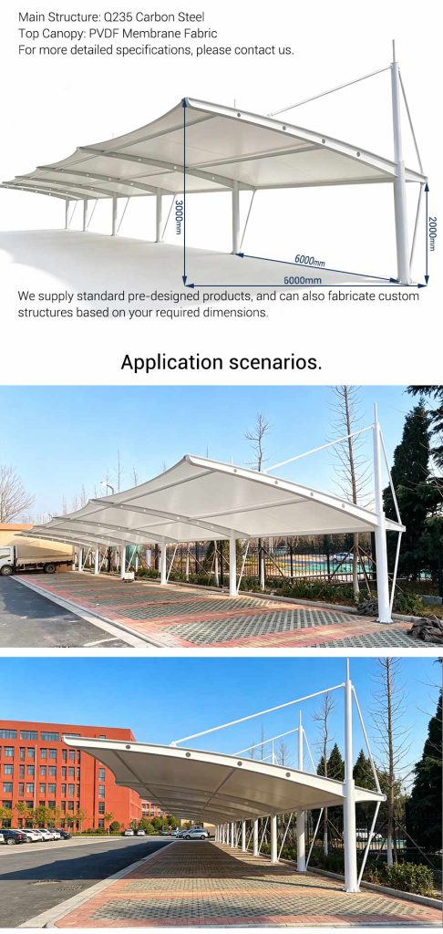 Custom membrane carport canopy dimension drawing