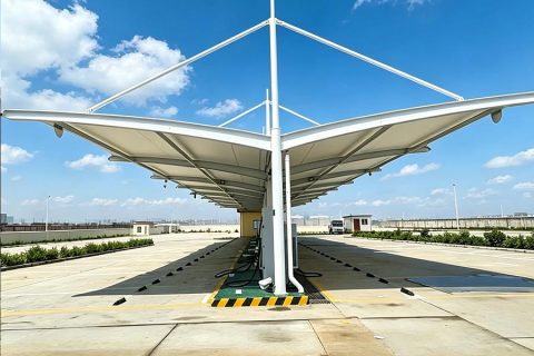Double cantilever membrane bus charging canopy, new energy buses charging under membrane shelter at bus depot