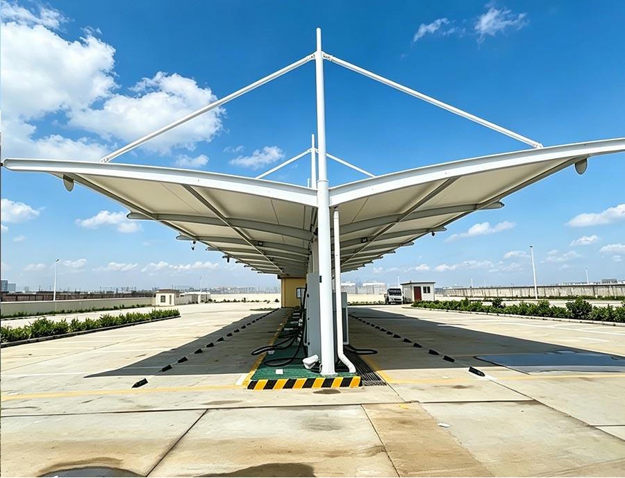 Double cantilever membrane bus charging canopy, new energy buses charging under membrane shelter at bus depot