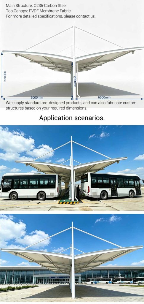 Double cantilever membrane bus charging canopy, new energy buses charging under membrane shelter at bus depot