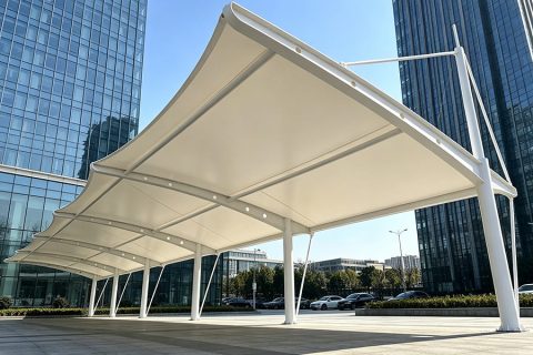 PVDF self-cleaning membrane surface detail of commercial carport canopy