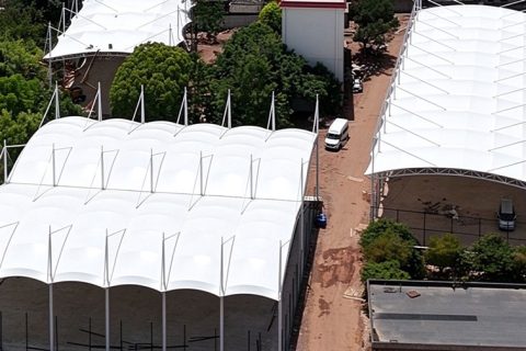 Completed Yunnan Yaoan membrane structure sports court canopy project, large-span tensile membrane shelter for basketball and tennis playground