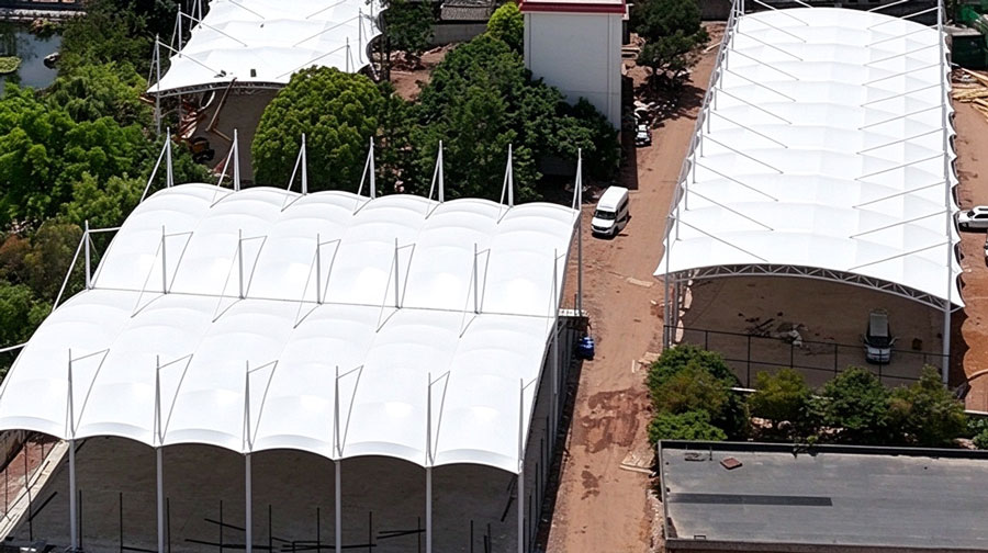 Large scale 7000㎡ membrane structure sports court canopy project in Yunnan Yaoan, PVDF tensile fabric sunshade rain shelter with Q235 steel frame