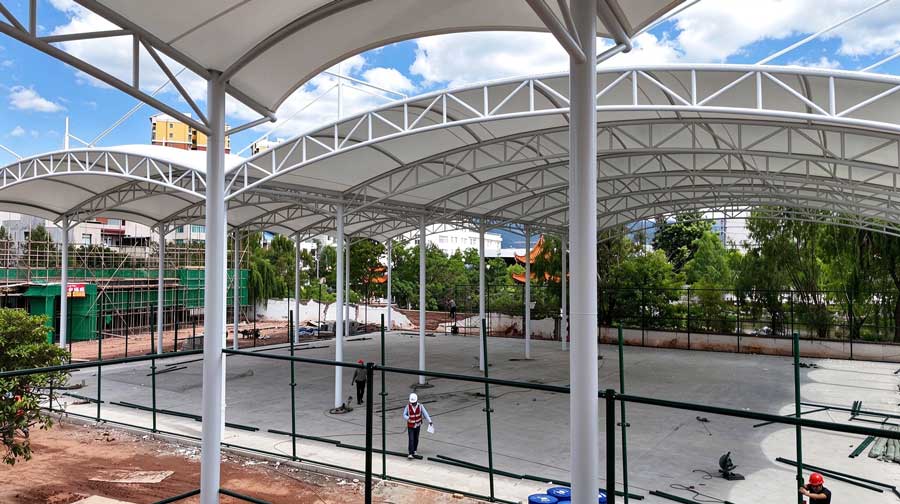 Large scale 7000㎡ membrane structure sports court canopy project in Yunnan Yaoan, PVDF tensile fabric sunshade rain shelter with Q235 steel frame