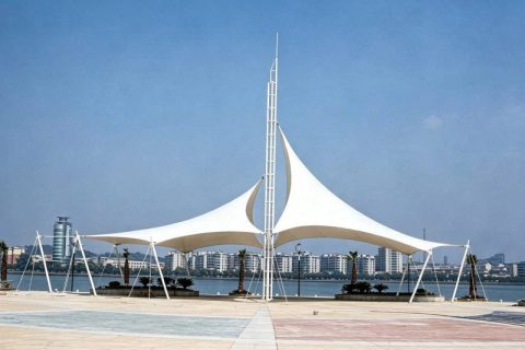Tensile membrane landscape sunshade canopy, outdoor plaza park membrane structure shelter