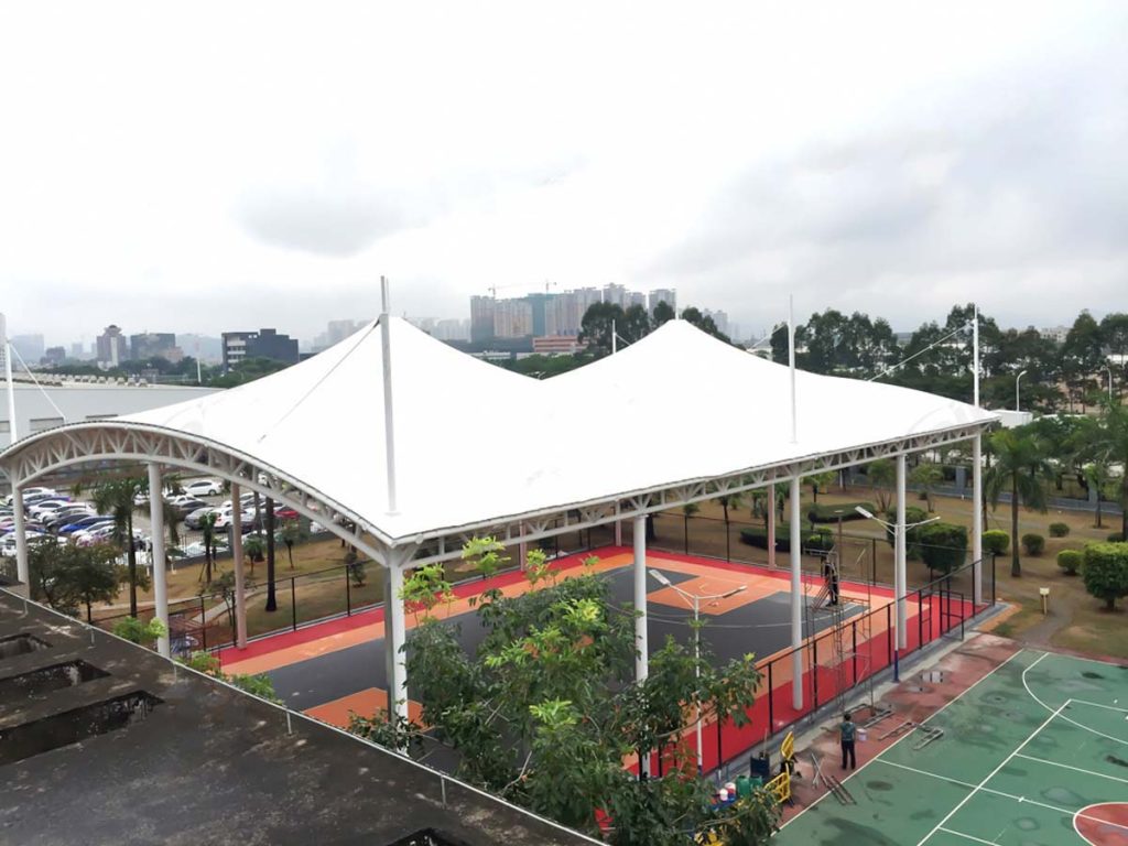 Custom membrane structure sports court sunshade canopy Q235 steel PVDF tensile fabric rain shelter