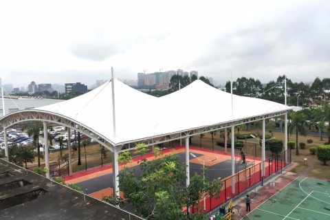 Custom membrane structure sports court sunshade canopy Q235 steel PVDF tensile fabric rain shelter