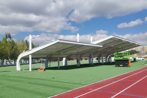 Xilinhot No.6 Middle School stadium membrane canopy, white tensile membrane structure over the sports field viewing area