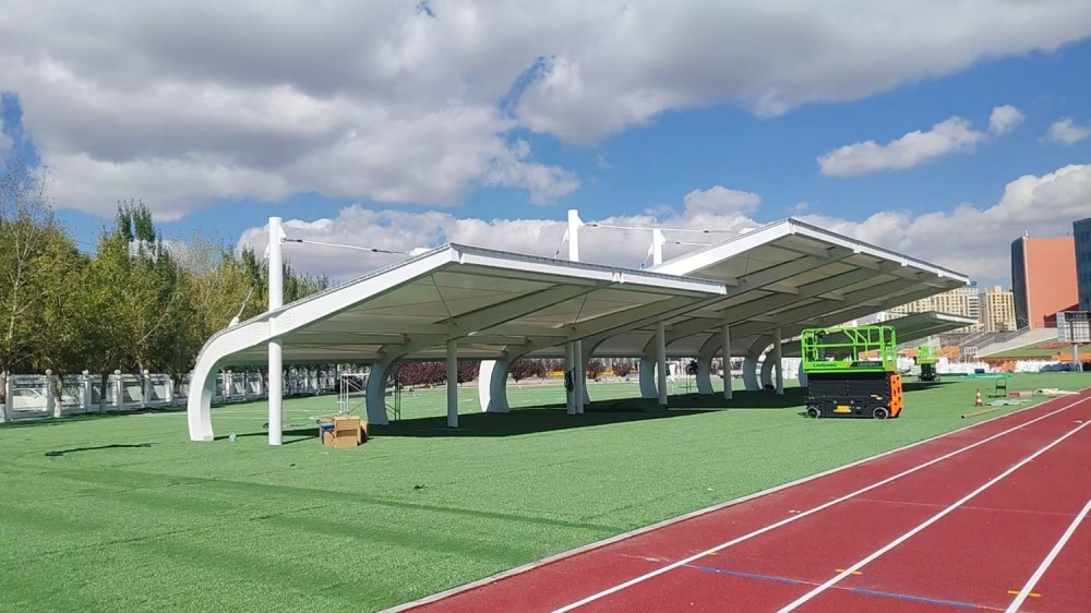 Xilinhot No.6 Middle School stadium membrane canopy, white tensile membrane structure over the sports field viewing area