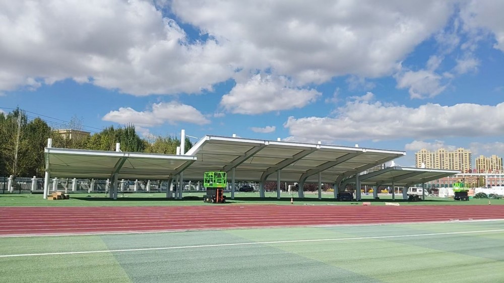 Xilinhot No.6 Middle School stadium membrane canopy, white tensile membrane structure over the sports field viewing area