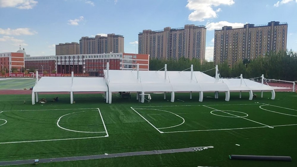 Xilinhot No.6 Middle School stadium membrane canopy, white tensile membrane structure over the sports field viewing area